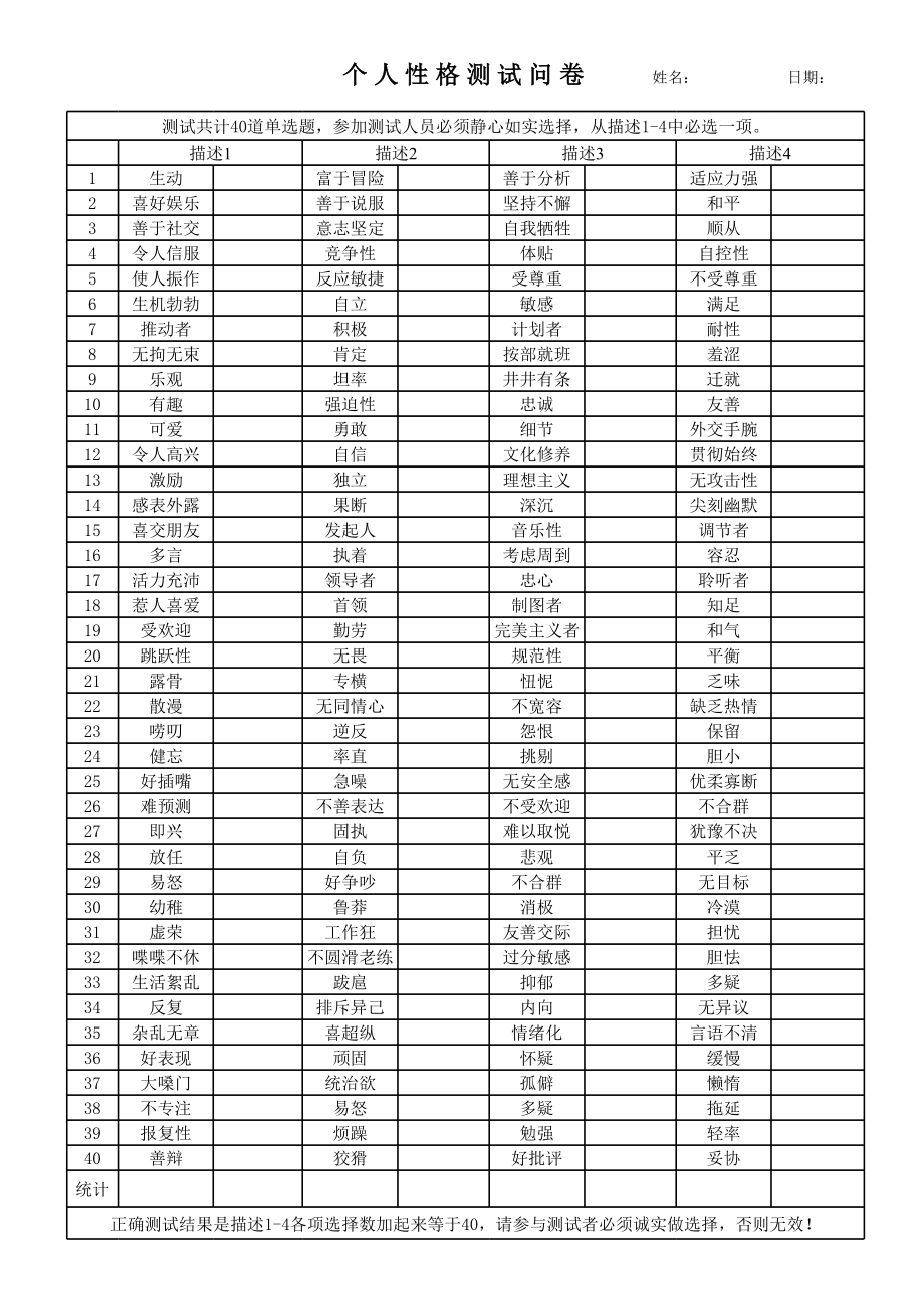 个人性格测试问卷.xls