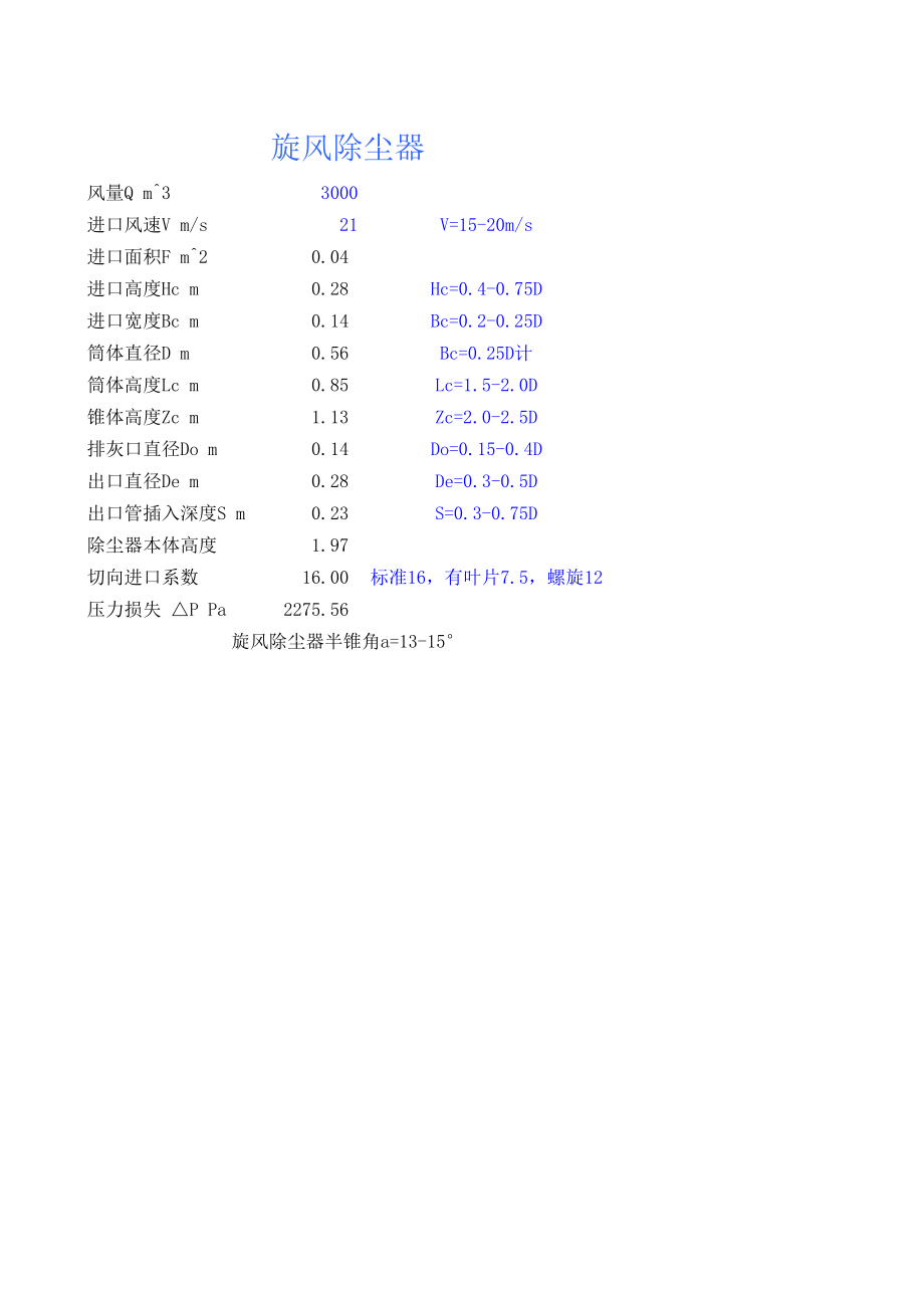 旋风除尘器设计公式.xls