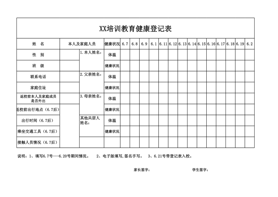 XX培训教育健康登记表.xls