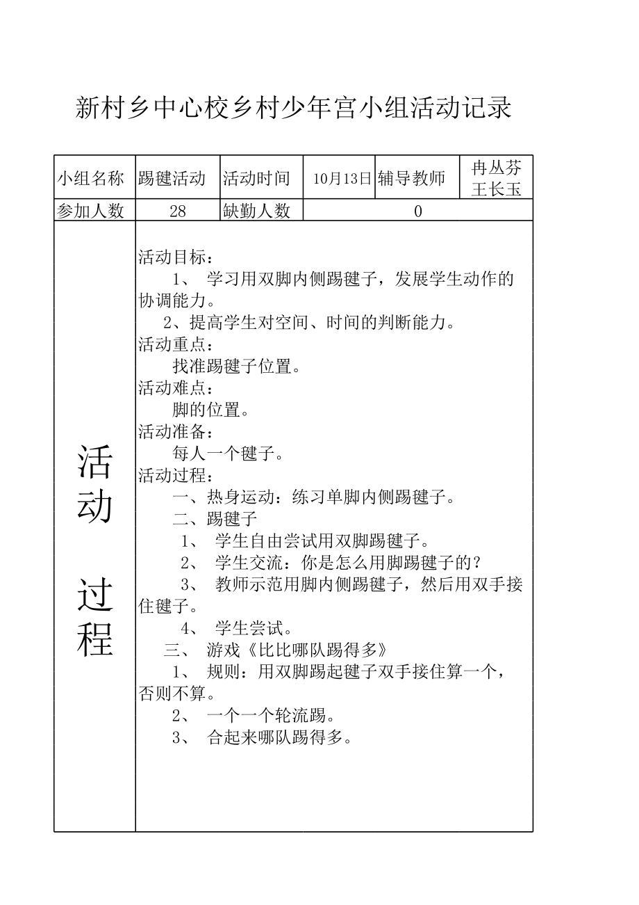 少年宫活动记录表踢毽子.xls