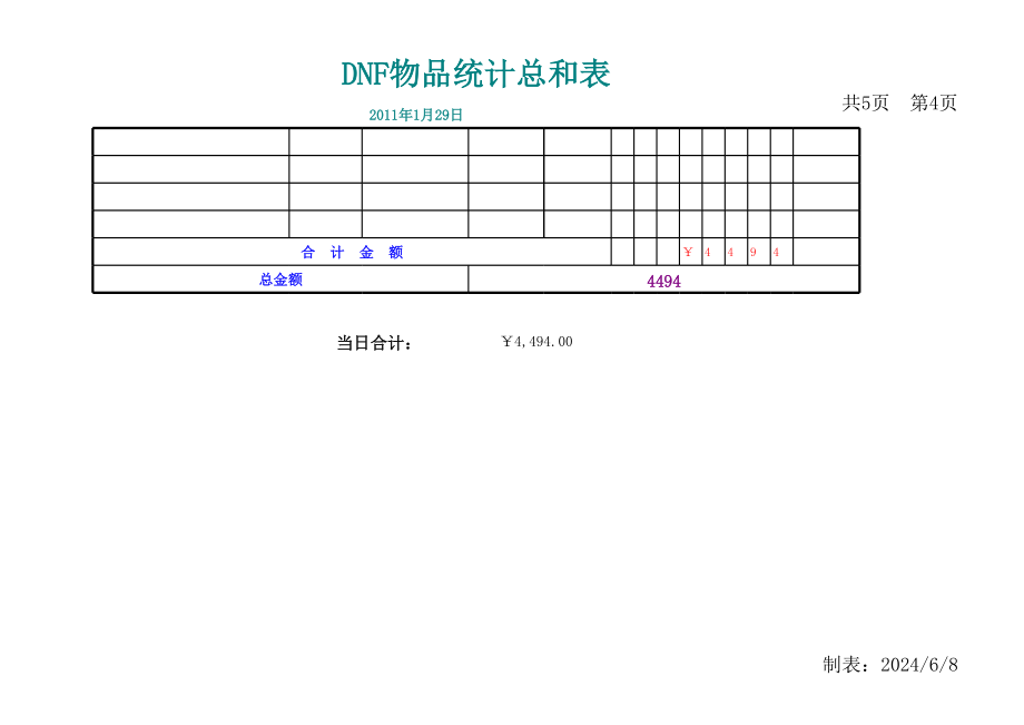 DNF物品统计总和表excel模版.xls