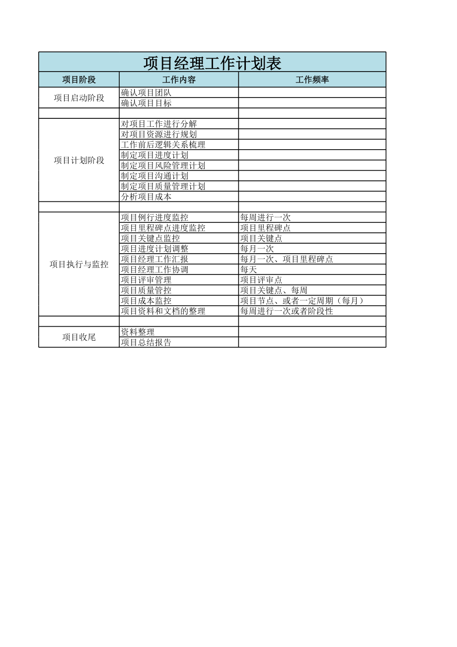 项目经理工作计划表.xls