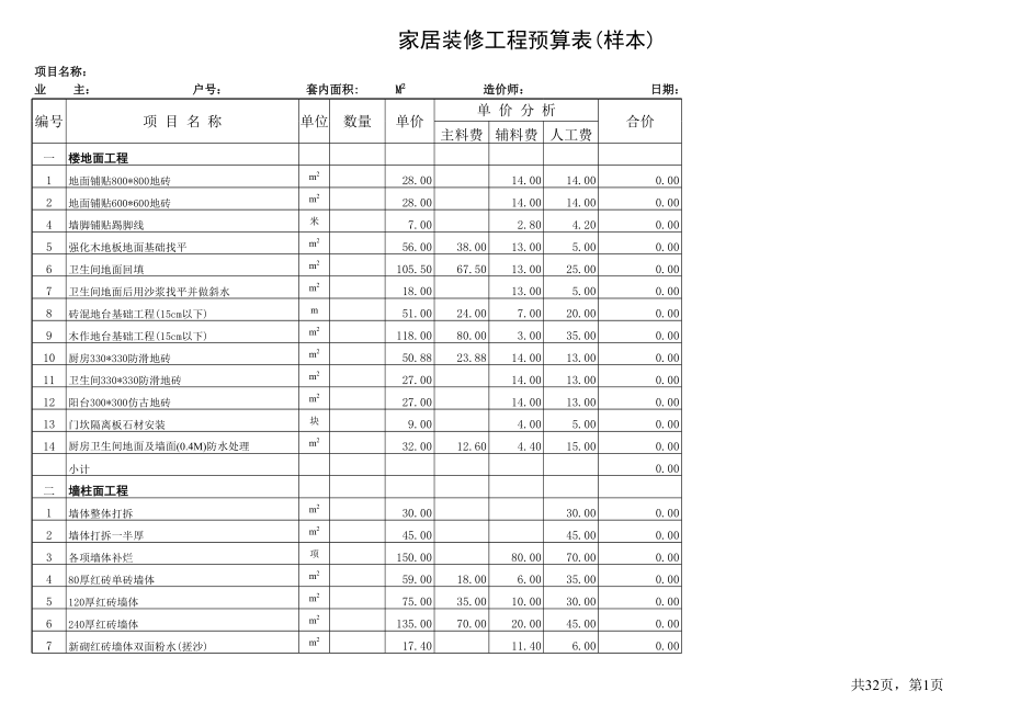 室内装饰工程预算表(样本)2.xls