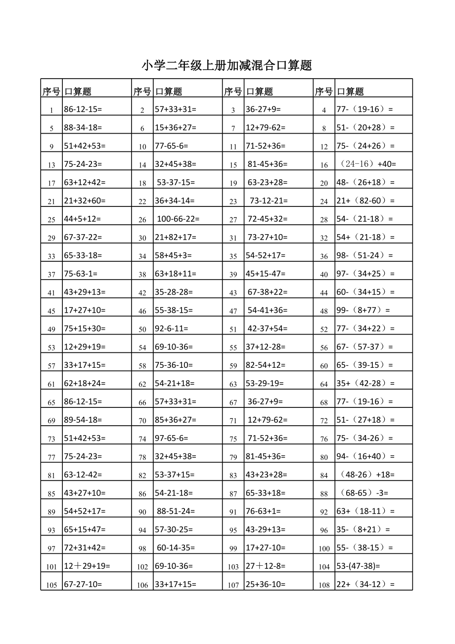 小学二年级上学期加减混合运算练习题.xls