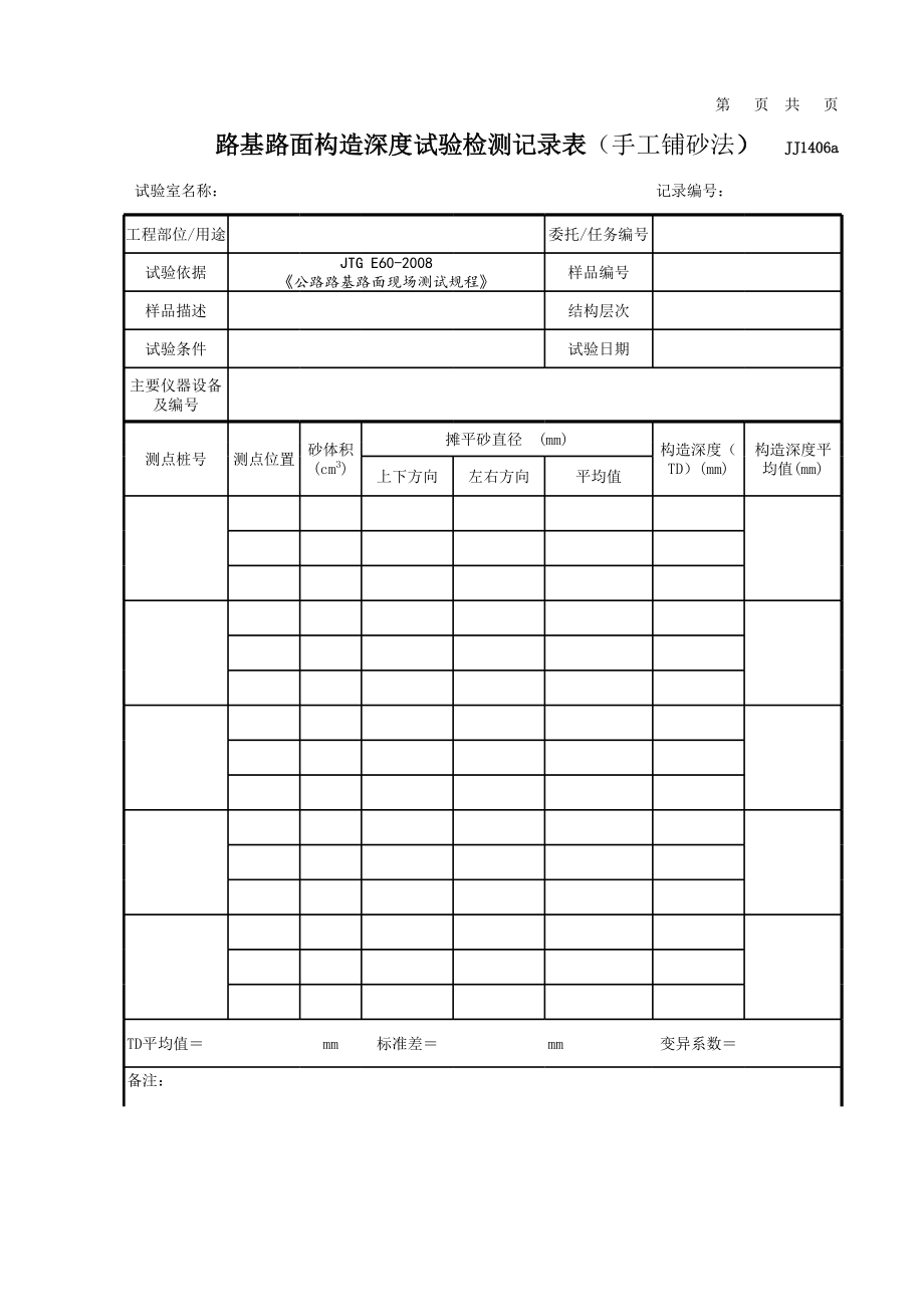 路面构造深度试验检测记录表（手工铺砂法）.xls