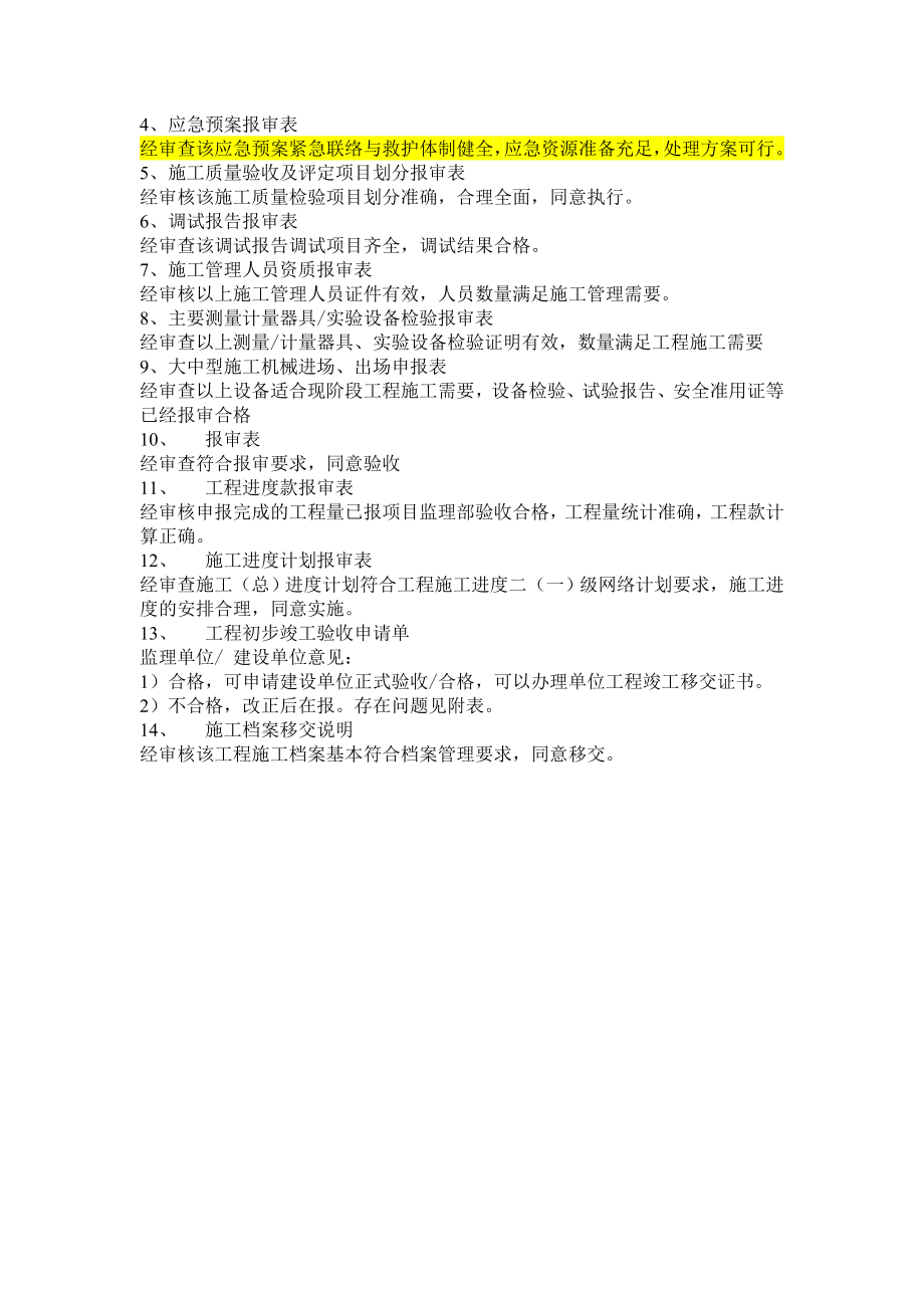 监理表式标准批语Word文档.doc