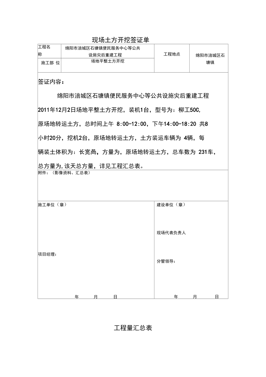 现场土方开挖签证单.doc