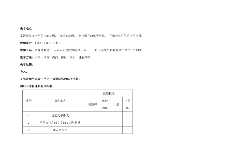 七年级信息技术上册第4课图文处理与编排总结与评价教案新人教版新人教版初中七年级上册信息技术教案.doc