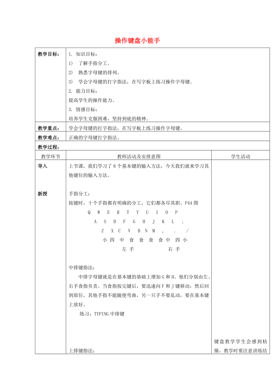 一年级信息技术上册操作键盘小能手教案清华版.doc