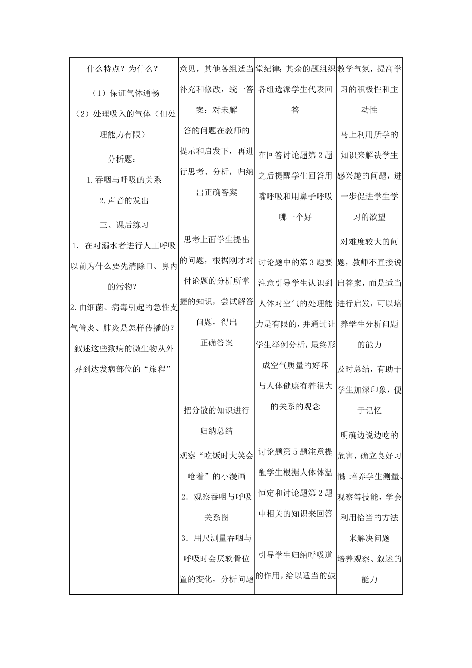 七年级生物下册第四单元生物圈中的人第三章人体的呼吸第一节呼吸道对空气的处理教案3（新版）新人教版（新版）新人教版初中七年级下册生物教案.doc