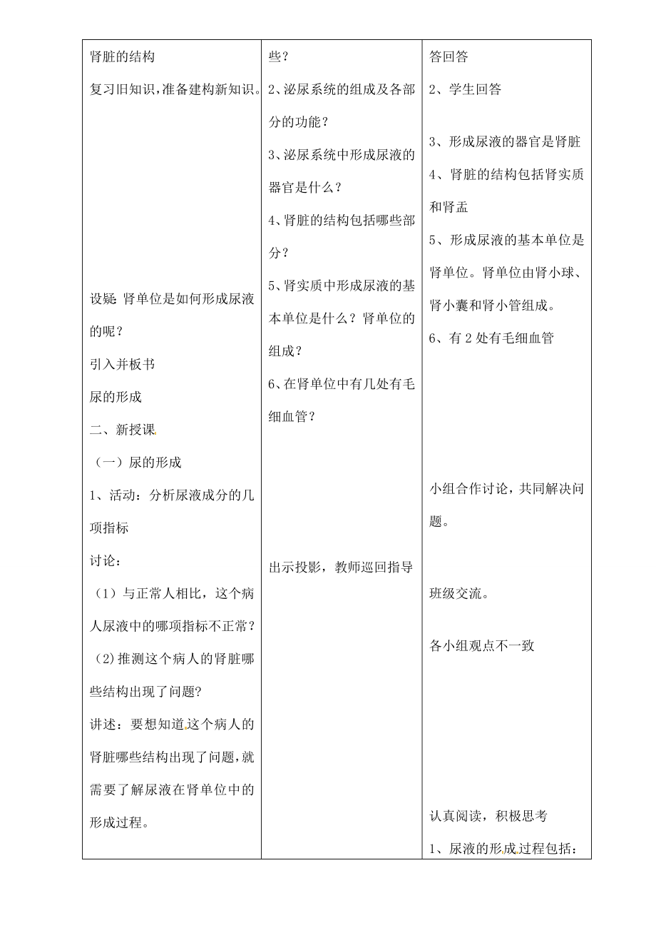 七年级生物下册11.2尿的形成和排出教案北师大版.doc