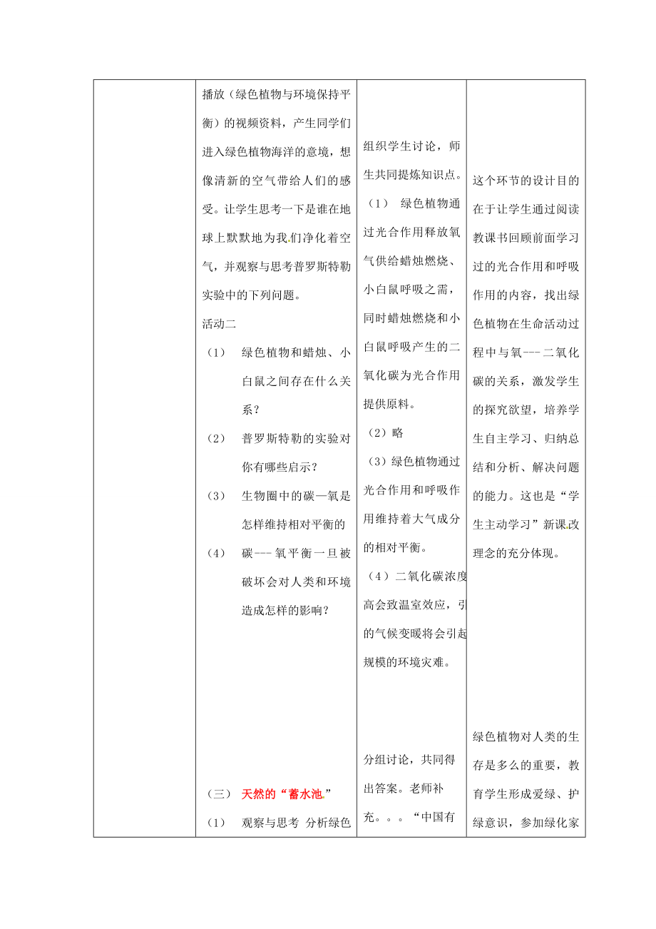 七年级生物上册第二单元第一章第五节绿色植物在生物圈中的作用教案（新版）济南版（新版）济南版初中七年级上册生物教案.doc