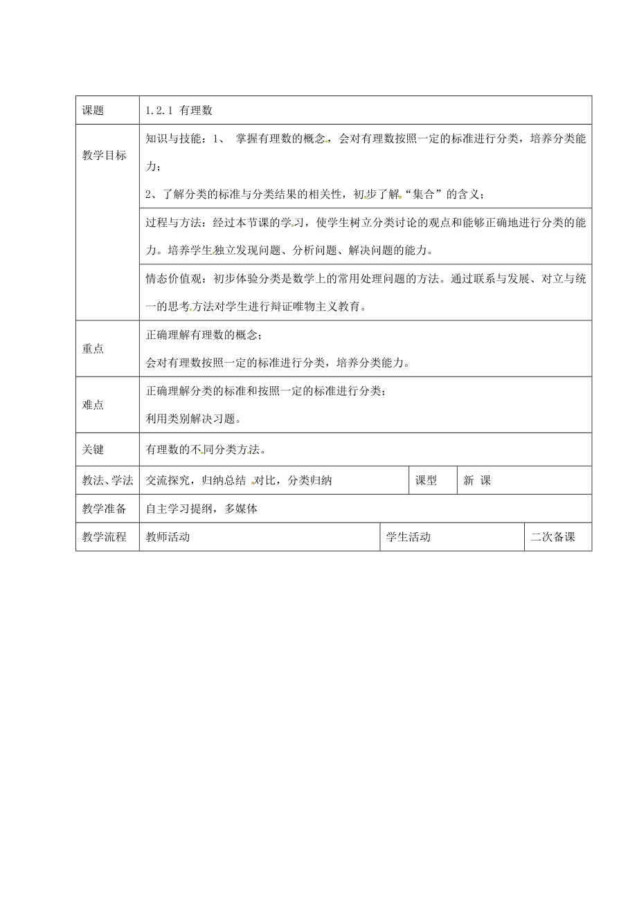 七年级数学上册1.2.1有理数教案新人教版新人教版初中七年级上册数学教案.doc