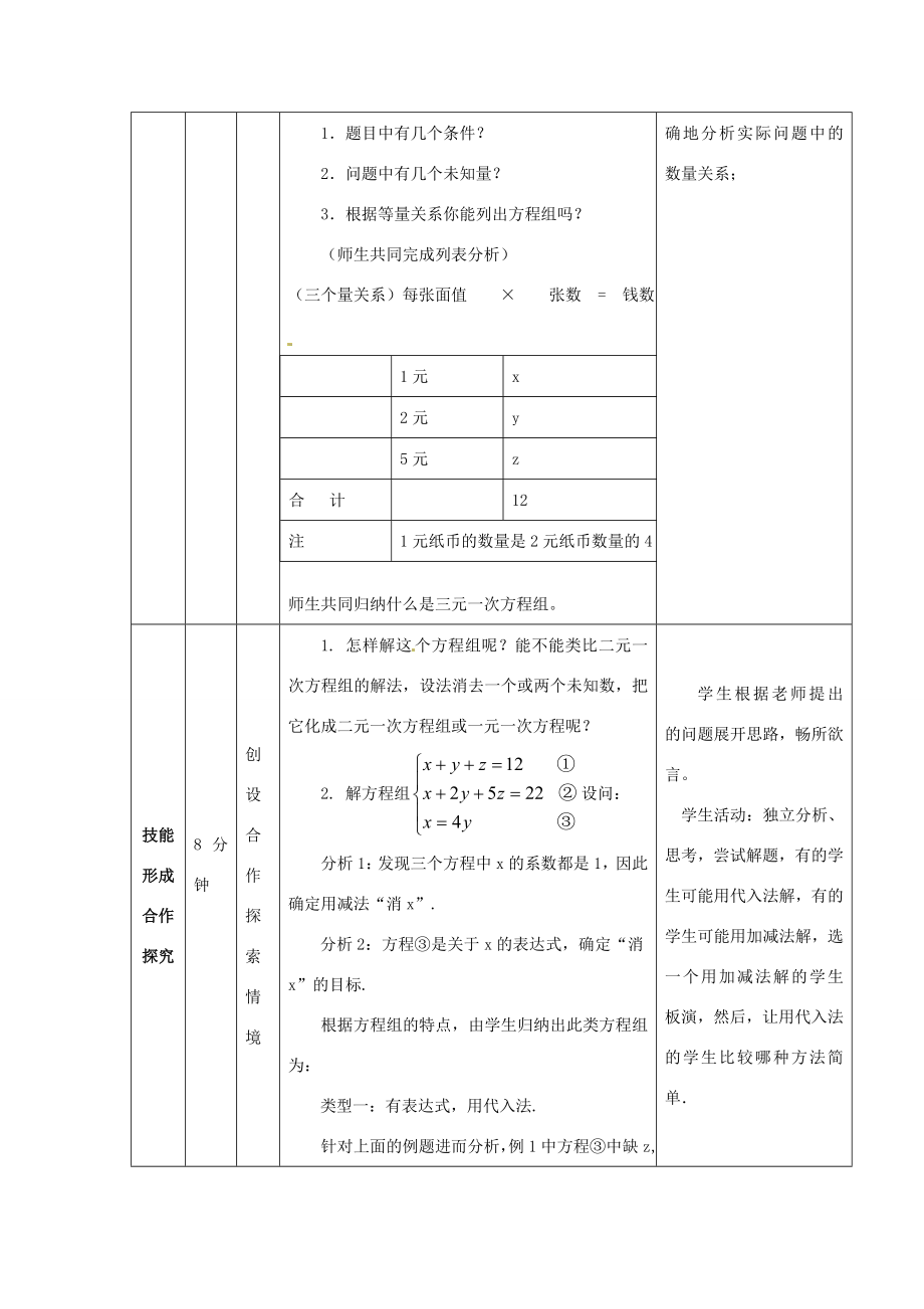 七年级数学下册8.4三元一次方程组的解法教案（新版）新人教版（新版）新人教版初中七年级下册数学教案.doc