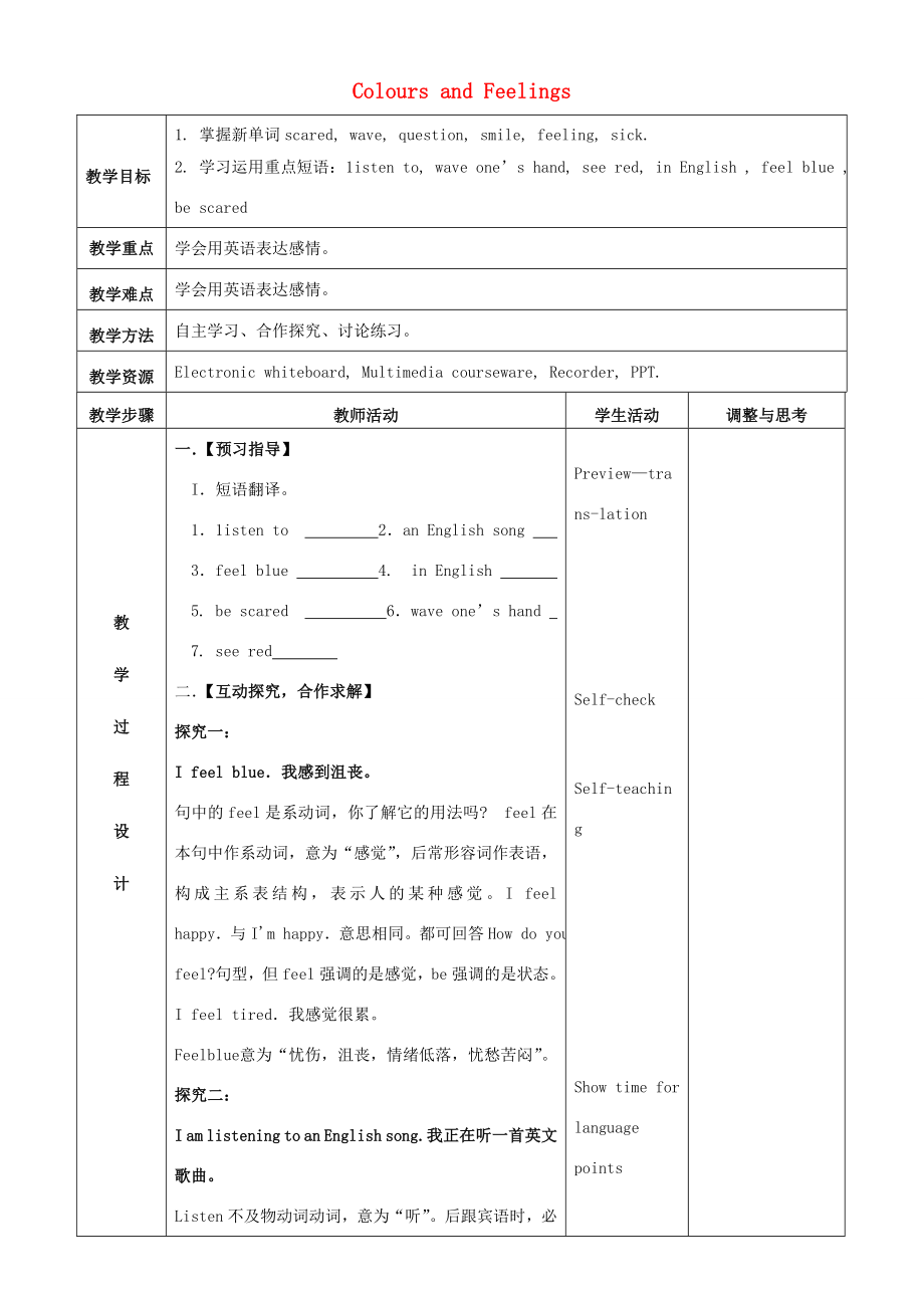 七年级英语上册lesson14ColoursandFeelings教案（新版）冀教版（新版）冀教版初中七年级上册英语教案.doc