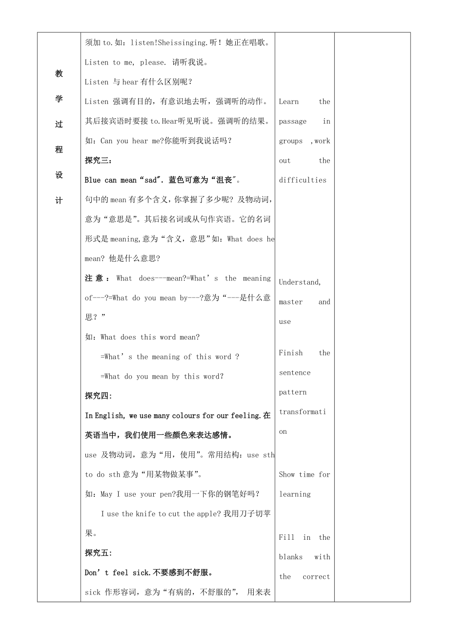 七年级英语上册lesson14ColoursandFeelings教案（新版）冀教版（新版）冀教版初中七年级上册英语教案.doc