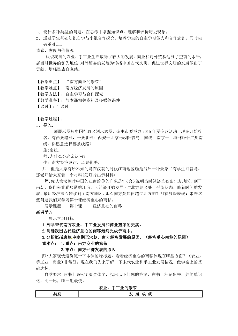 七年级历史下册10经济重心南移教案新人教版新人教版初中七年级下册历史教案.doc