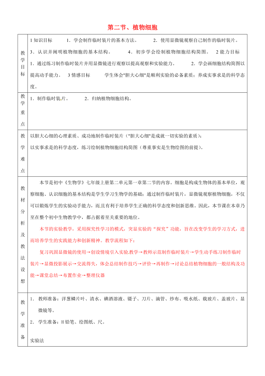 七年级生物上册《2.1.2植物细胞》教案（新版）新人教版（新版）新人教版初中七年级上册生物教案.doc