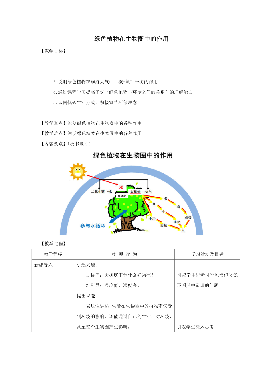 七年级生物上册3.7.1《绿色植物在生物圈中的作用》教案（新版）北师大版.doc