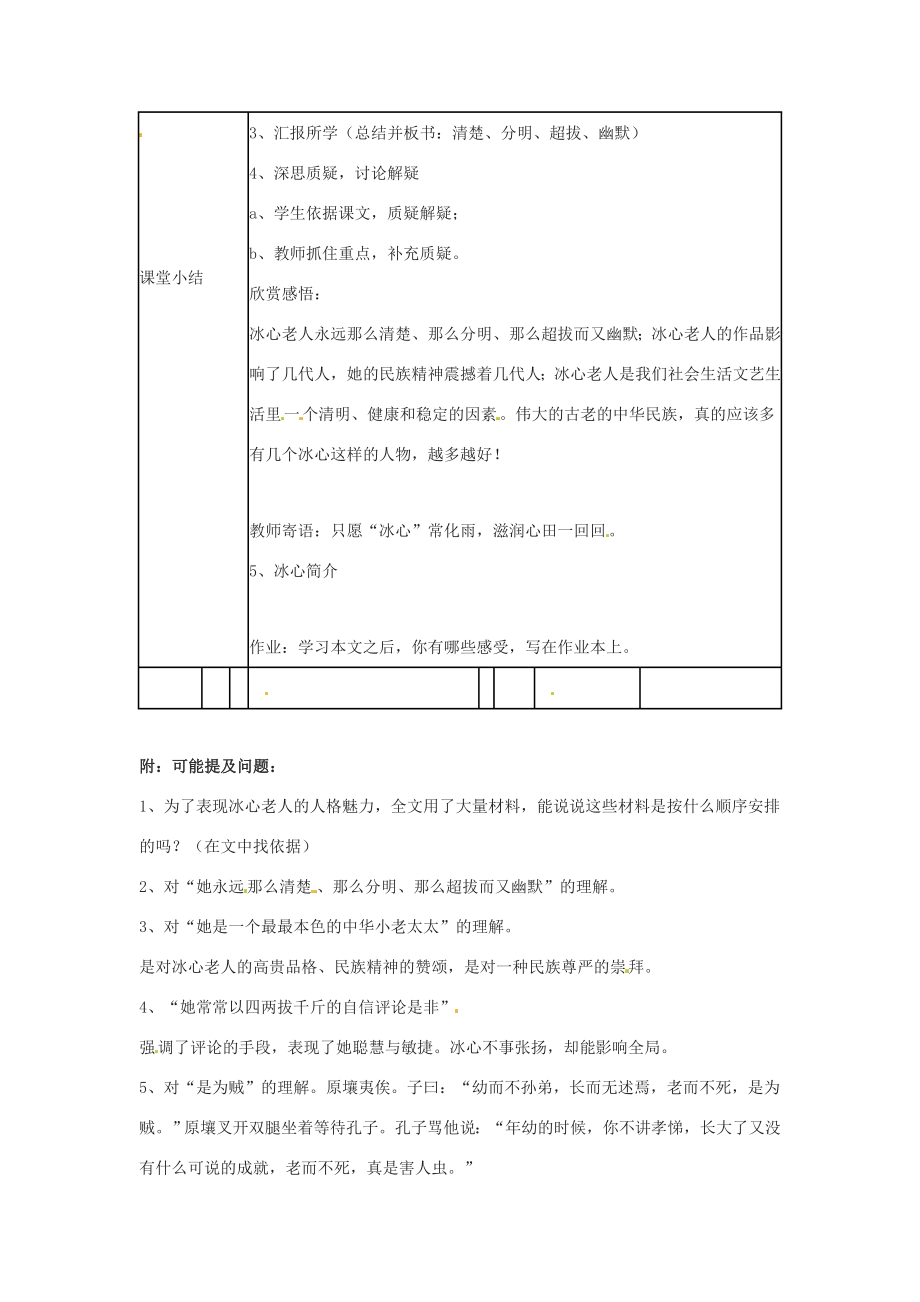 七年级语文下册3.10《想念冰心》教案北京课改版.doc