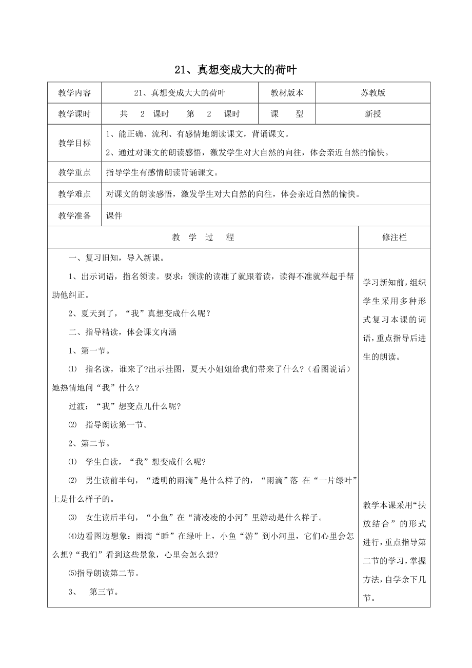 二年级语文下册第六单元21真想变成大大的荷叶（2）教案苏教版.doc