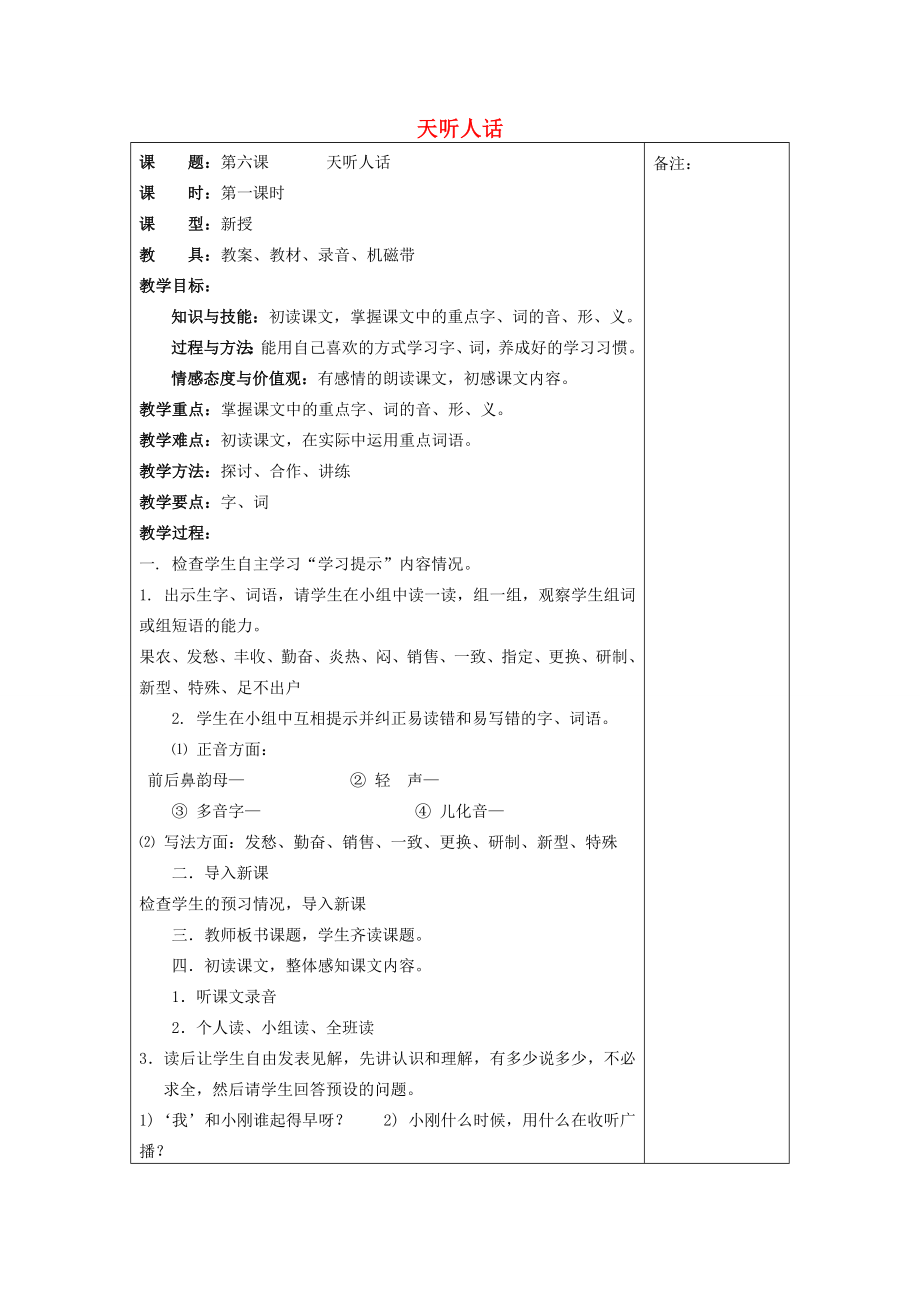 七年级语文下册第六课《天听人话》教案2新疆教育版人教版初中七年级下册语文教案.doc