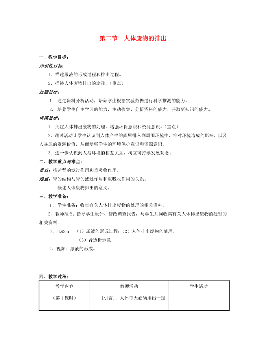 七年级生物下册4.11.2人体废物的排出教案苏教版苏教版初中七年级下册生物教案.doc