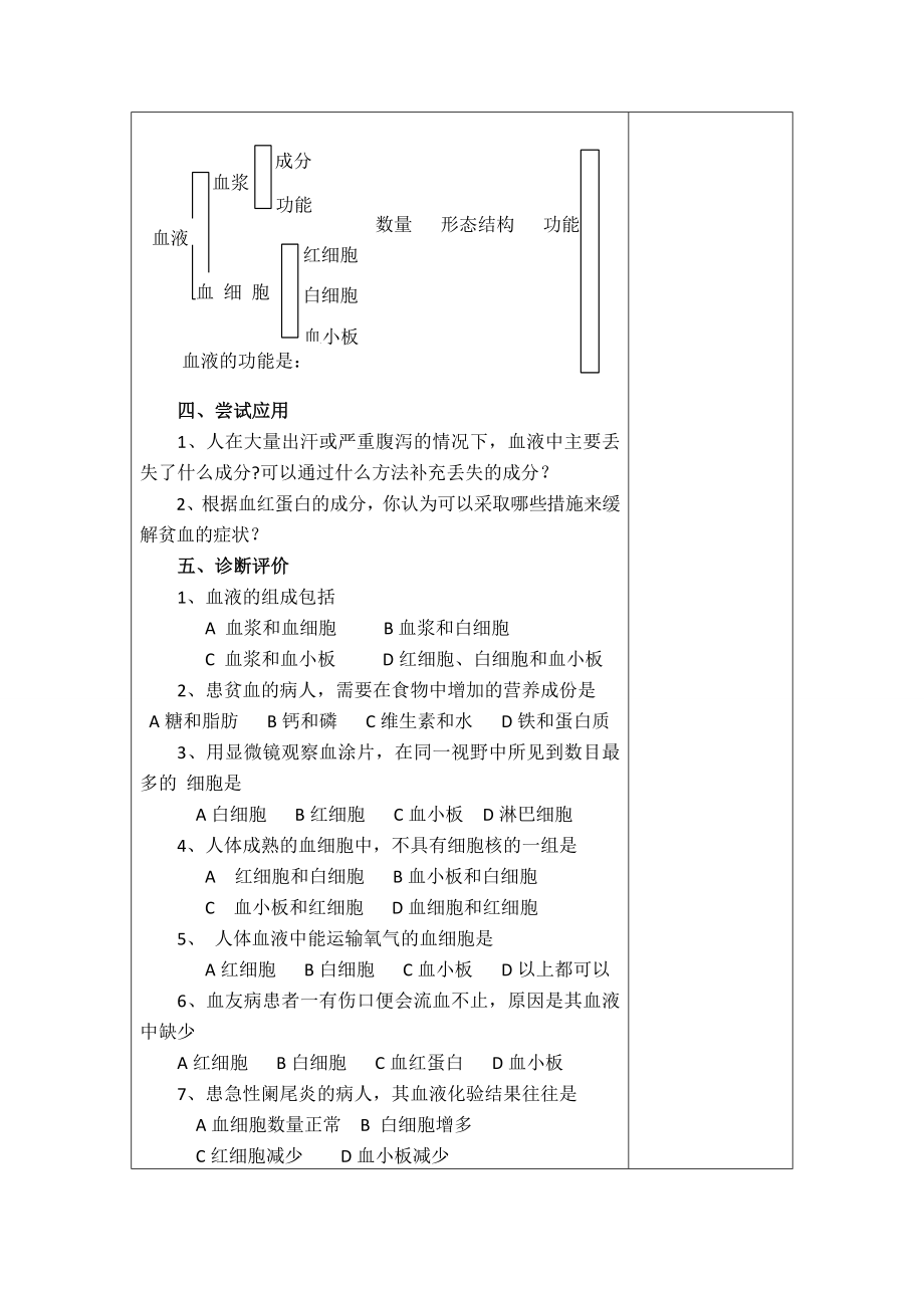 七年级生物下册第4章人体内物质的运输（复习教案）人教版.doc