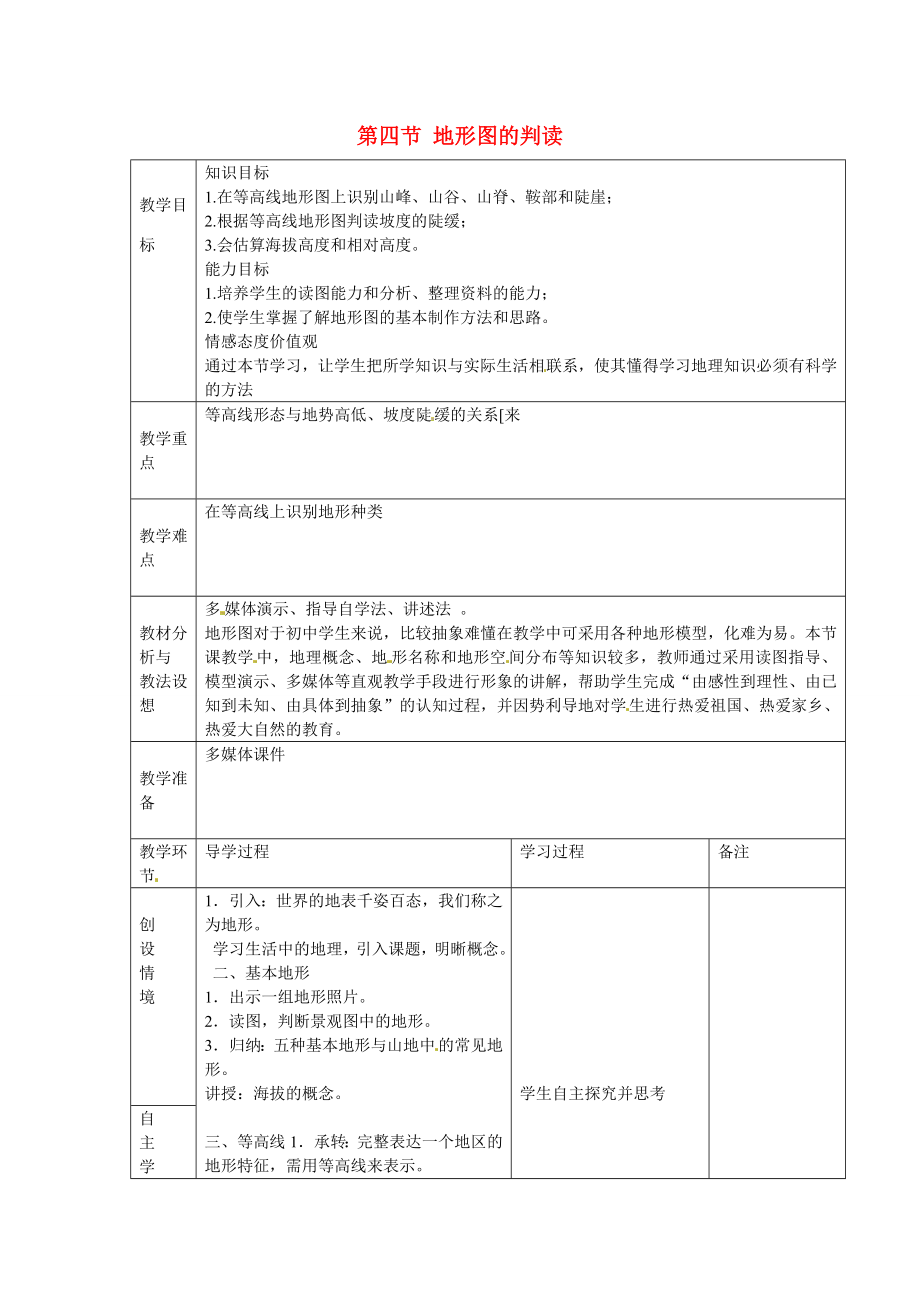 七年级地理上册《1.4地形图的判读》教案1（新版）新人教版（新版）新人教版初中七年级上册地理教案.doc