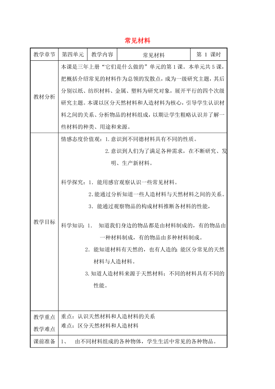 三年级科学上册常见材料教案苏教版.doc