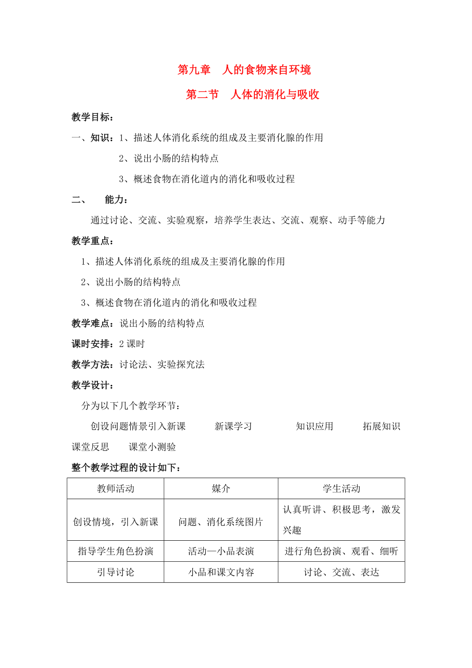 七年级生物下册9.2人体的消化与吸收教案苏教版.doc