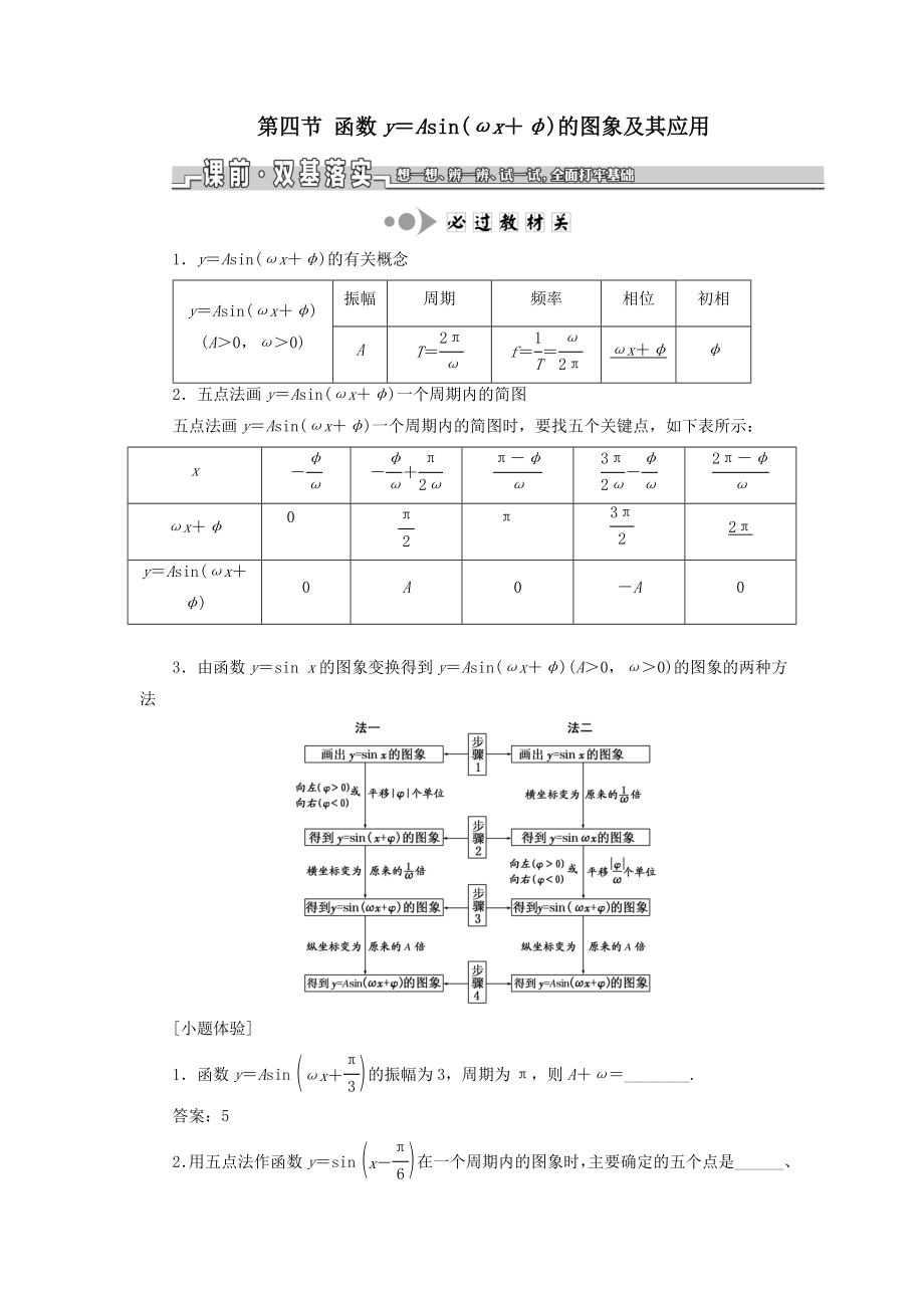 （江苏专版）版高考数学一轮复习第四章三角函数、解三角形第四节函数y＝Asin（ωx＋φ）的图象及其应用教案理（含解析）苏教版.doc