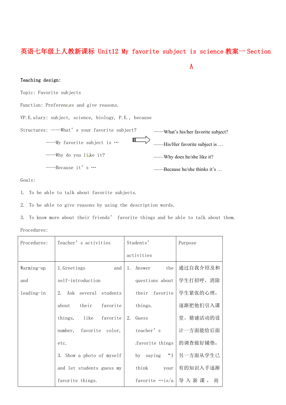 七年级英语下册Unit12Myfavoritesubjectisscience教案一人教新目标版.doc