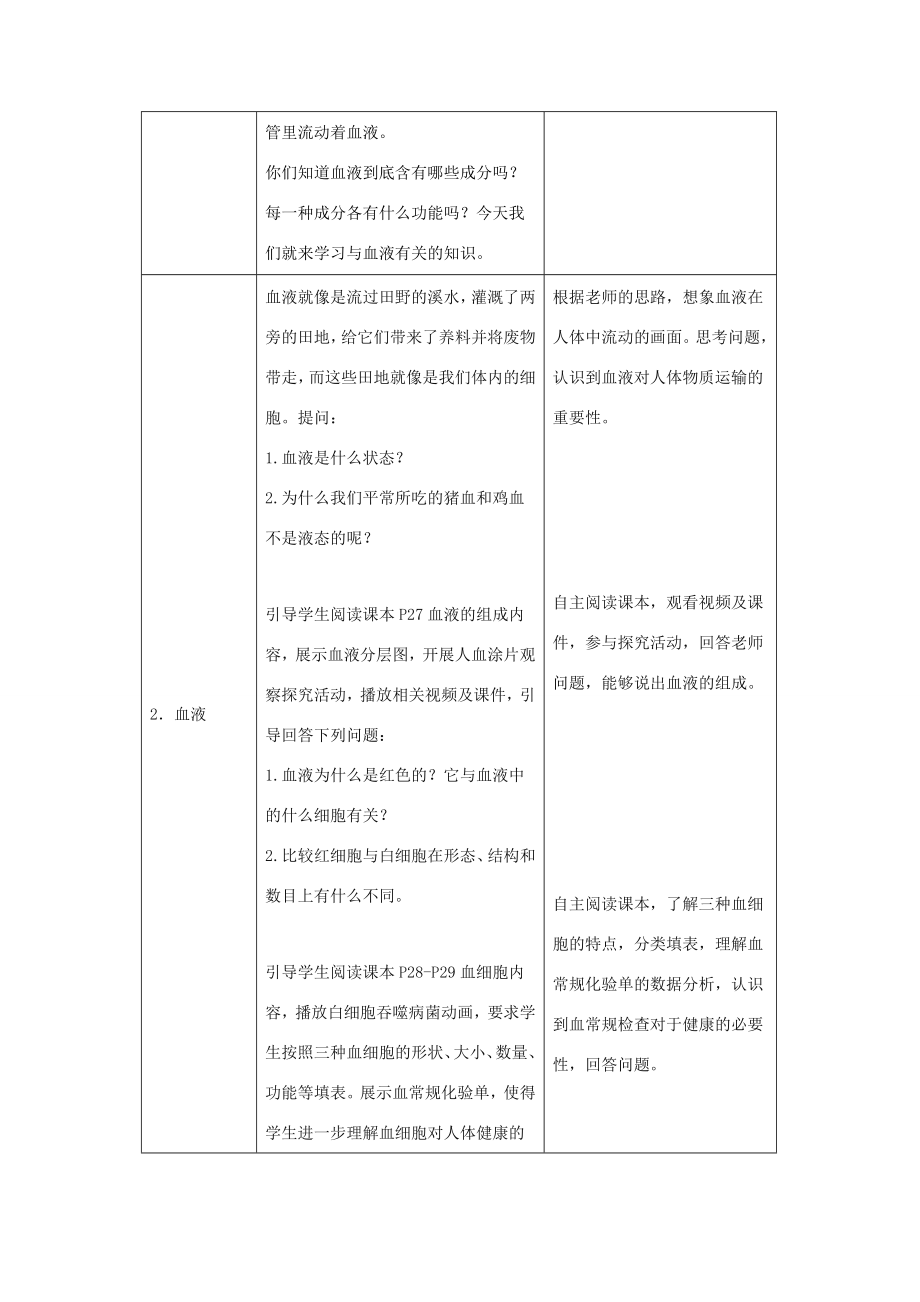 七年级生物下册4.9.1血液教案1（新版）北师大版（新版）北师大版初中七年级下册生物教案.doc