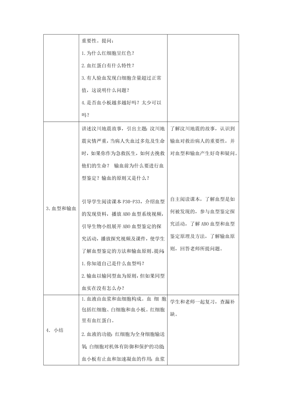 七年级生物下册4.9.1血液教案1（新版）北师大版（新版）北师大版初中七年级下册生物教案.doc