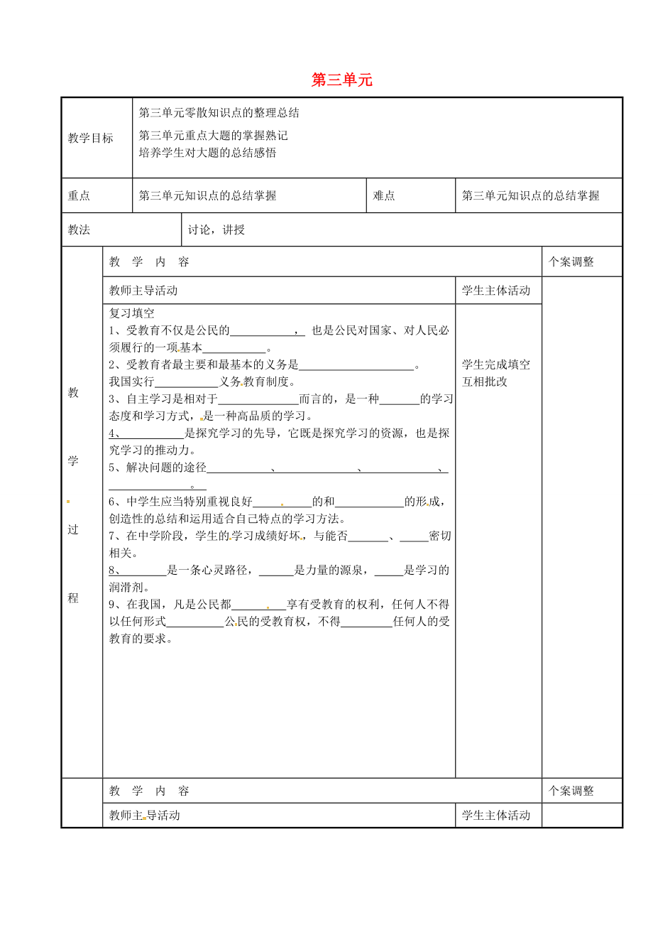 七年级政治上册第三单元复习教案苏教版苏教版初中七年级上册政治教案.doc