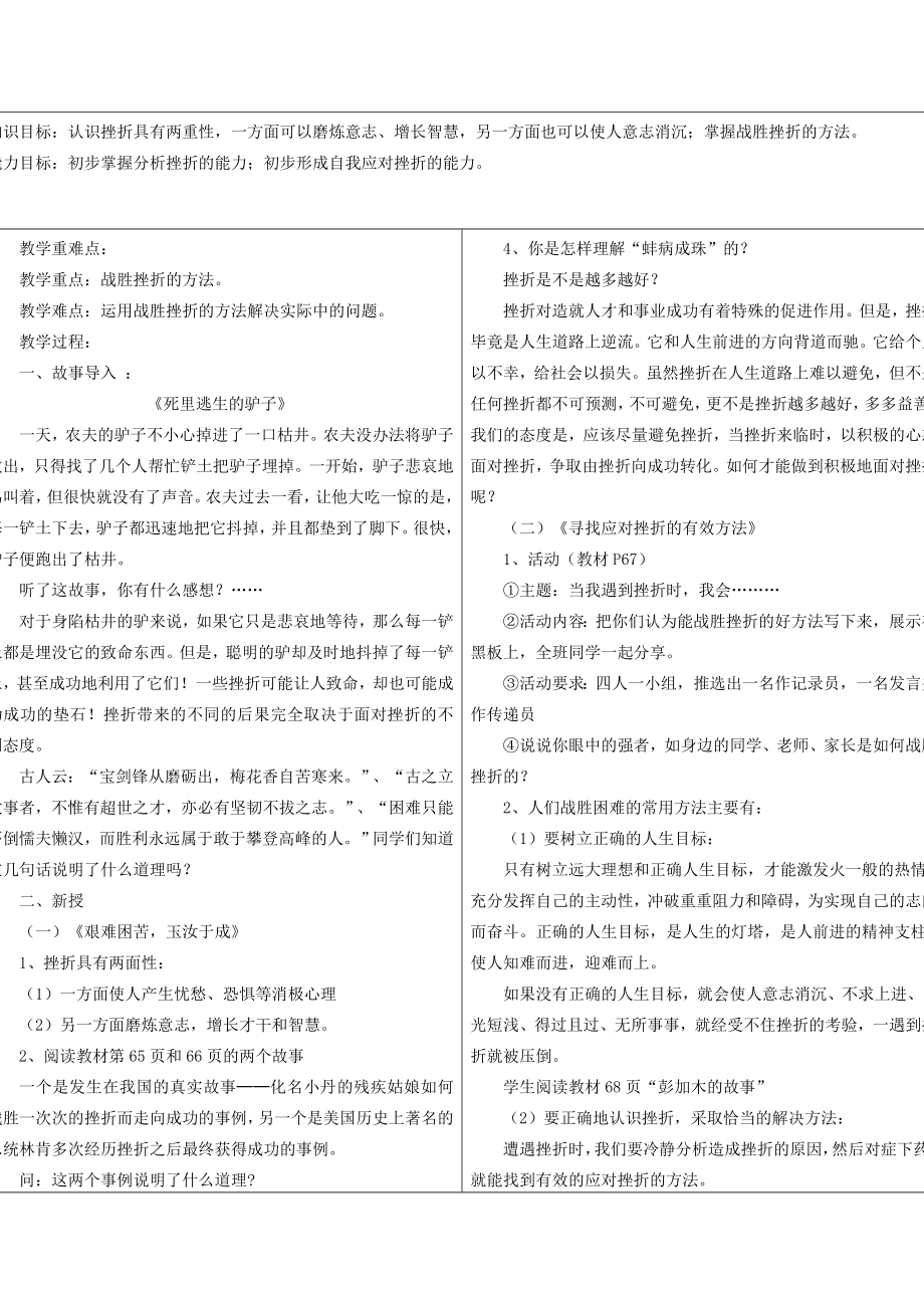 七年级政治下册第5课让挫折丰富我们的人生教案人教新课标版.doc