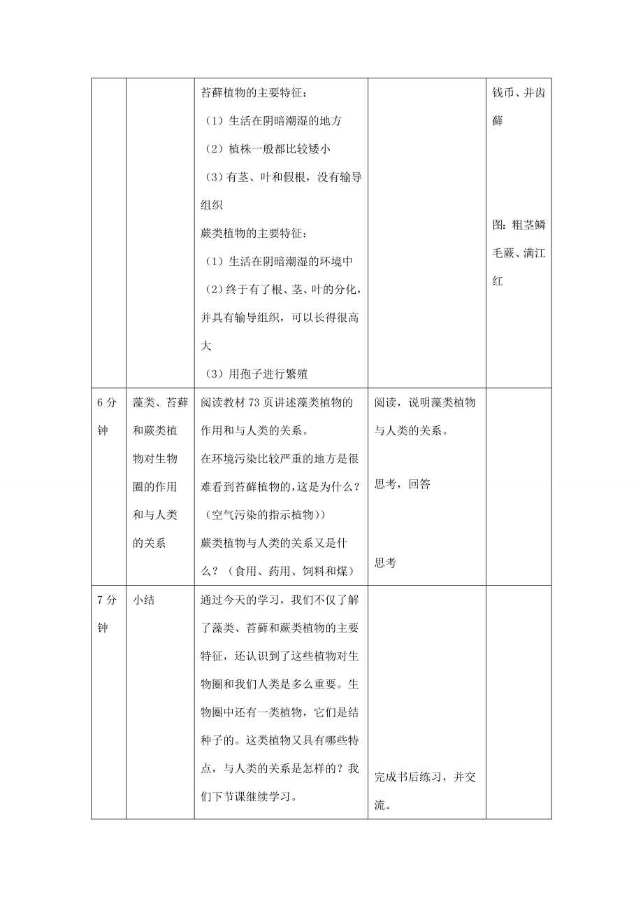 七年级生物上册3.1.1藻类、苔藓和蕨类植物教案1（新版）新人教版（新版）新人教版初中七年级上册生物教案.doc