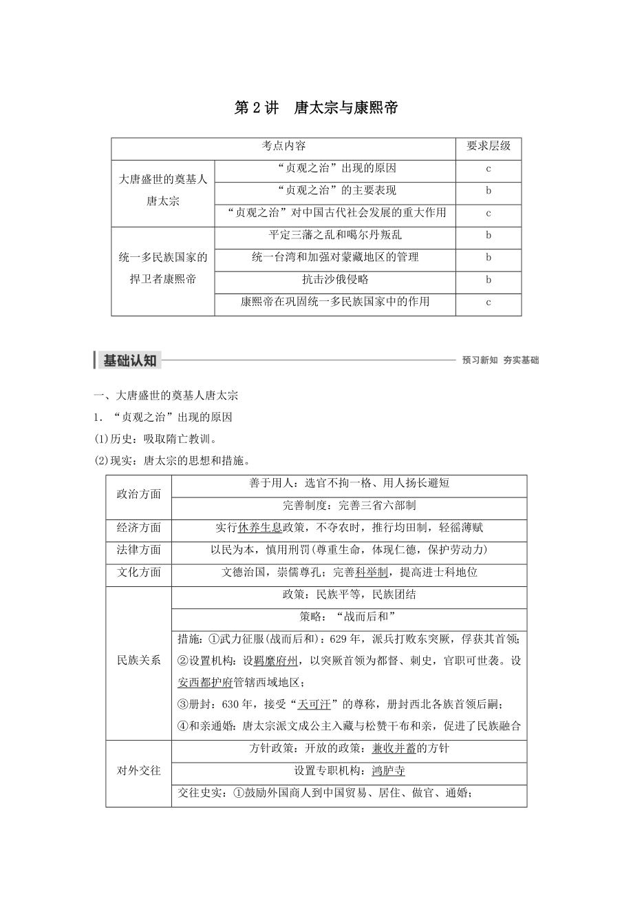 高中历史第七单元古代中国的政治家与东西方的先哲第2讲唐太宗与康熙帝教案（含解析）新人教版选修4.docx