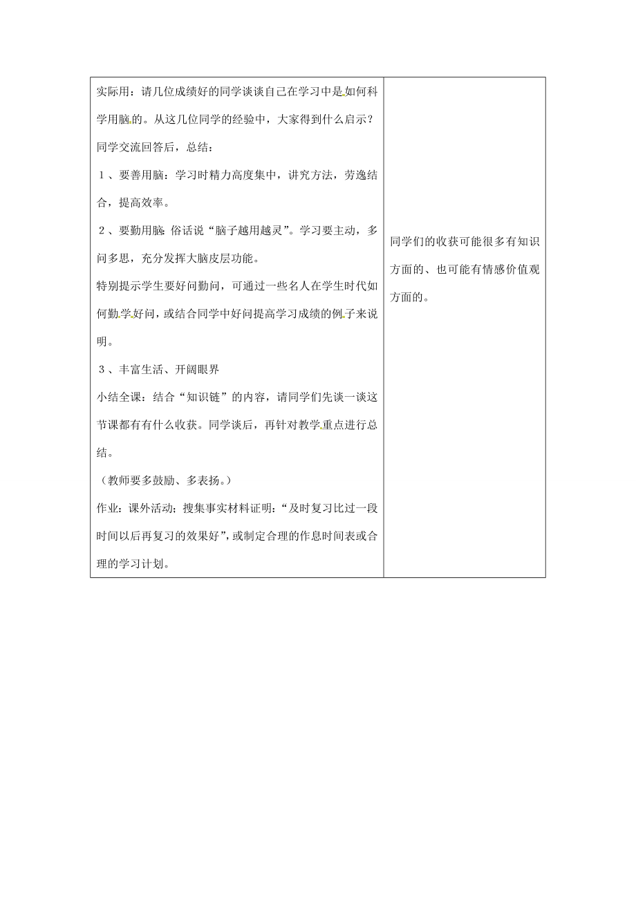 七年级生物下册第四章《合理用脑高效学习》4.4合理用脑教案（新版）冀教版.doc