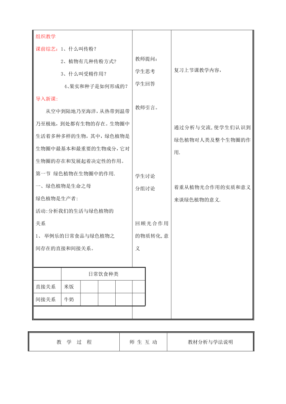 七年级生物上册3.7.1绿色植物在生物圈中的作用教案北师大版.doc