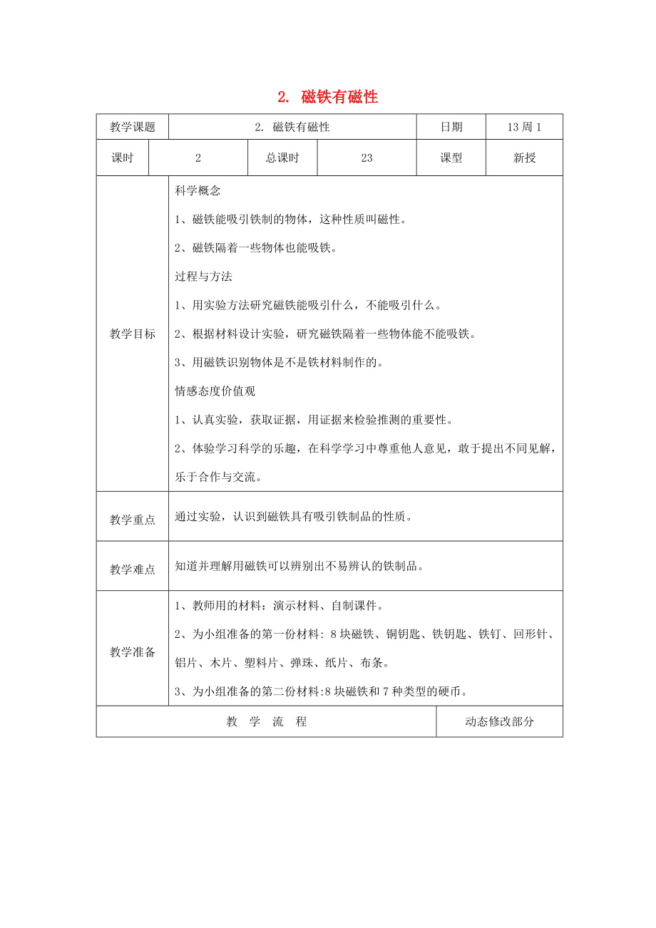 三年级科学下册4.2《磁铁有磁性》教案教科版教科版小学三年级下册自然科学教案.doc