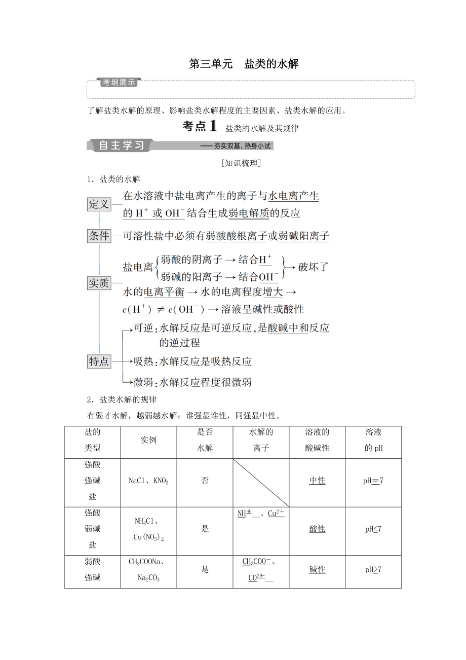 （江苏专用）版高考化学一轮复习专题8水溶液中的离子平衡4第三单元盐类的水解教案.doc