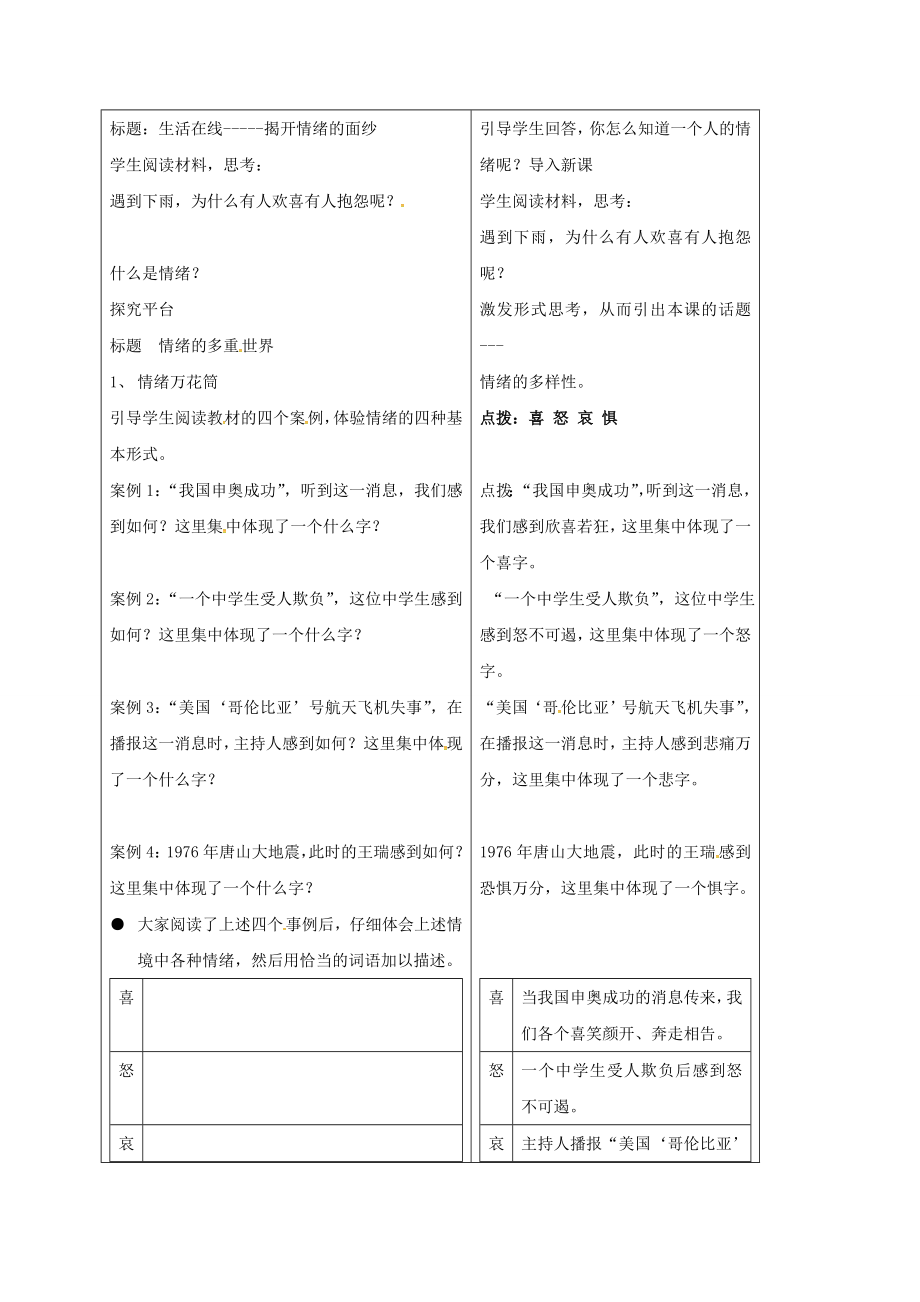 七年级政治下册18.1情绪的多重世界教案苏教版苏教版初中七年级下册政治教案.doc