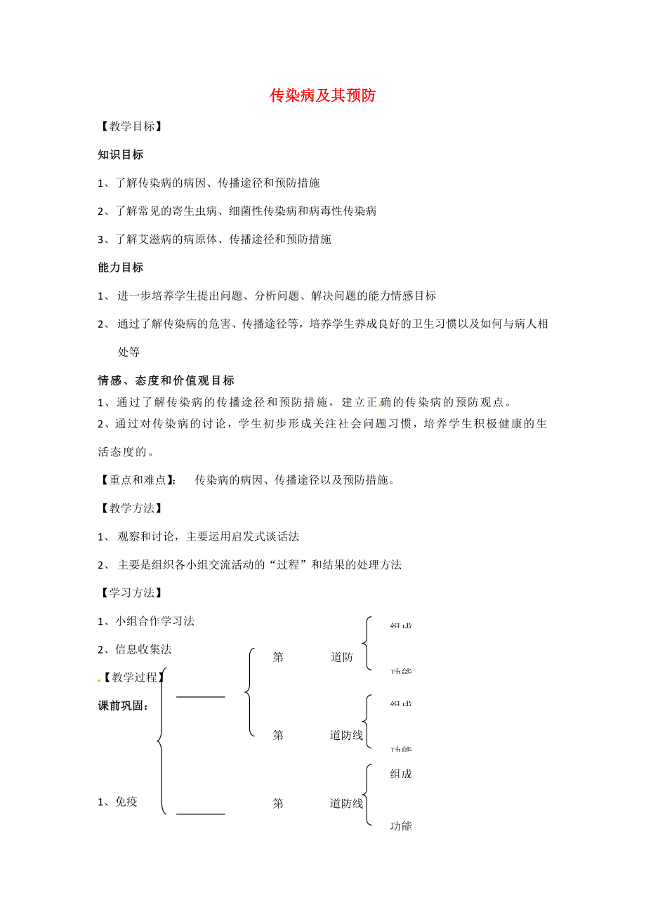 七年级生物下册第3单元62传染病及其预防（教案）济南版.doc