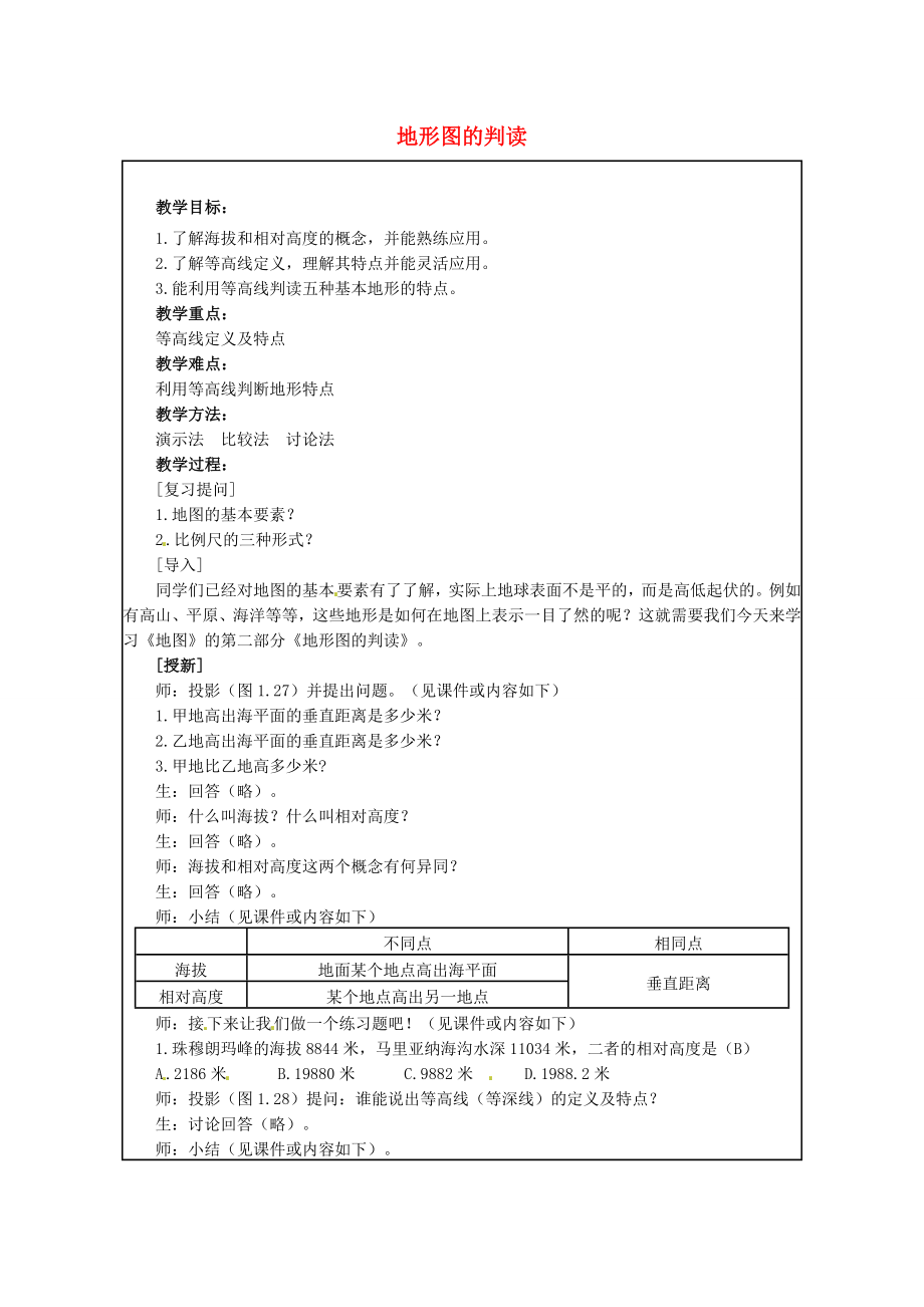 七年级地理上册1.4地形图的判读教案（新版）新人教版（新版）新人教版初中七年级上册地理教案.doc