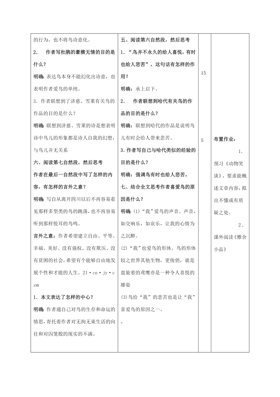 （秋季版）山东省邹平县七年级语文上册第五单元18鸟教案2新人教版新人教版初中七年级上册语文教案.doc