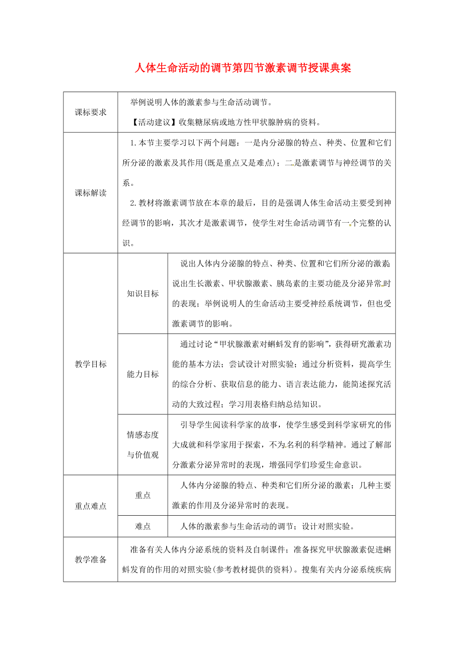 七年级生物下册第四单元第六章人体生命活动的调节第四节激素调节授课典案（新版）新人教版（新版）新人教版初中七年级下册生物教案.doc