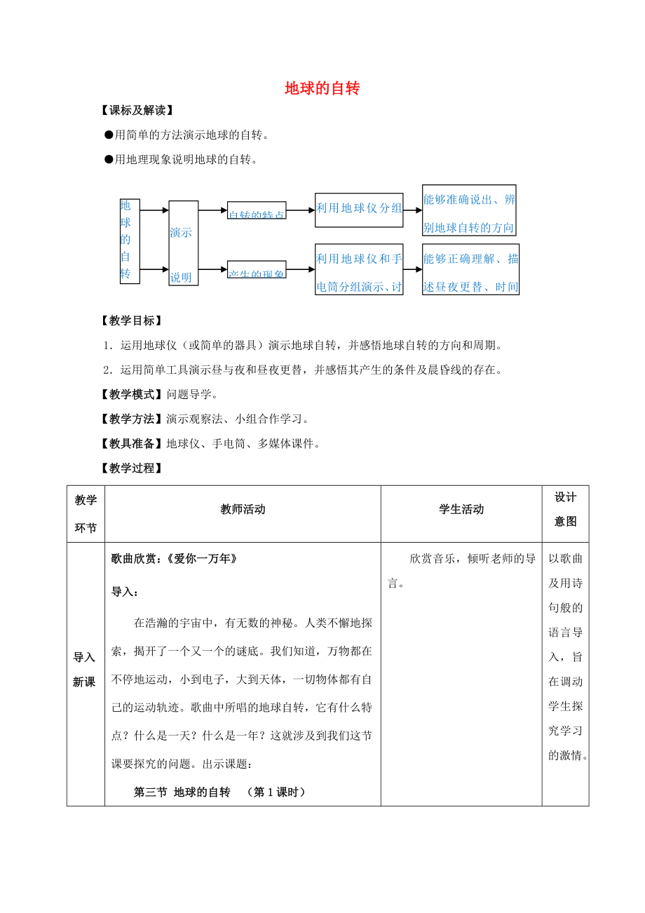 （水滴系列）七年级地理上册第一章第1节地球的自转教案（新版）商务星球版（新版）商务星球版初中七年级上册地理教案.doc