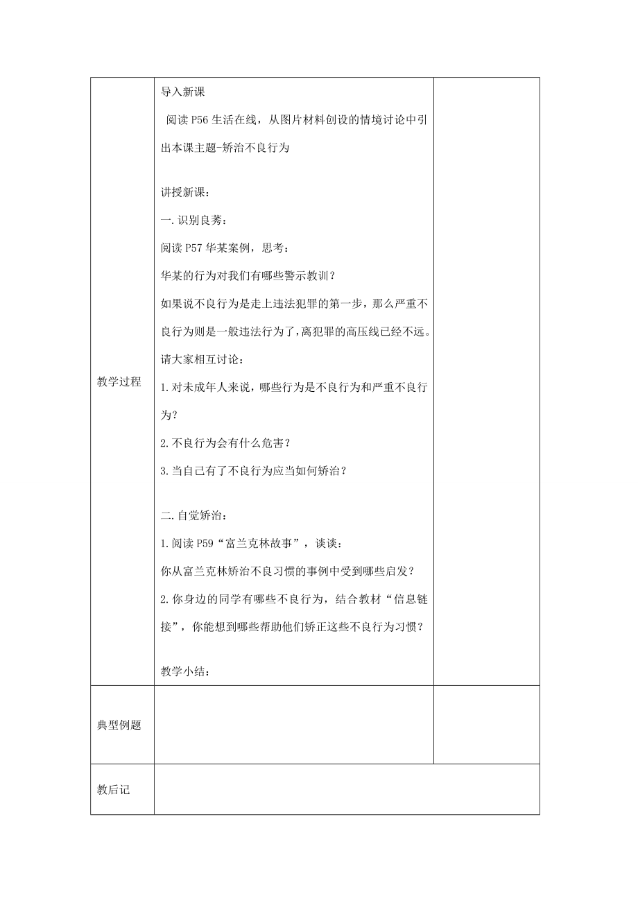 （秋季版）七年级道德与法治下册第五单元珍惜特殊保护第15课远离“高压线”第1框矫治不良行为教案苏教版苏教版初中七年级下册政治教案.doc